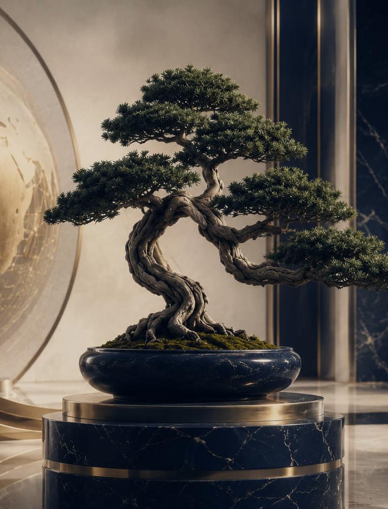 A bonsai on a marble plinth